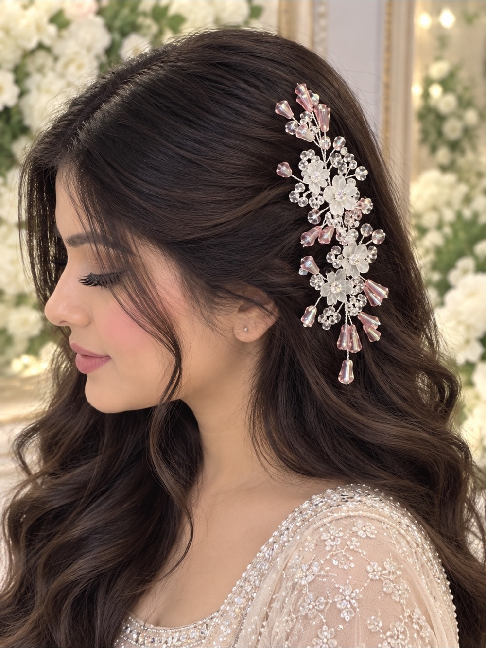 Bridal Pink Crystal Floral Hair Vine - Elegant Women’s Hair Accessory